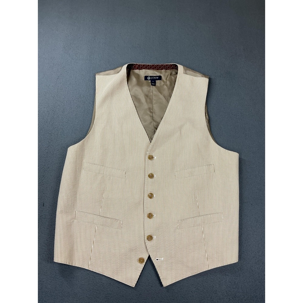 J.Crew Suit Vest Mens Large Beige Stripe seersucker  Bemberg Lined Belted Formal